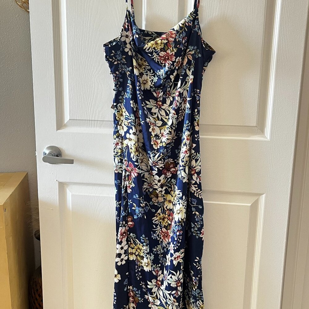 Blue Floral Silk Dress with Button Details